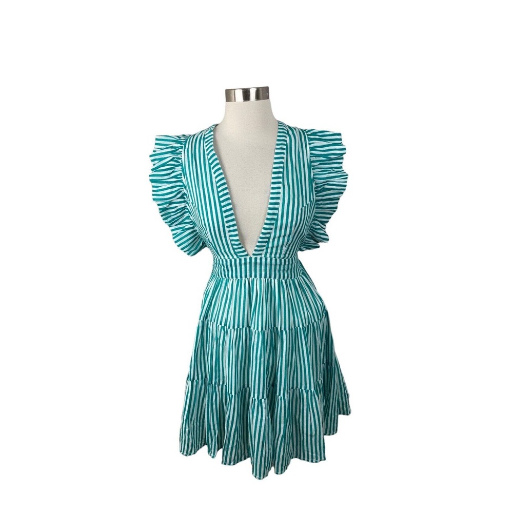 Oliphant NEW Cross Back Mini Playa Green Dress Sleeveless Striped Beachy Size XS